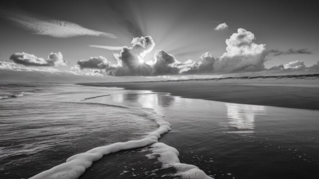 A black and white photo of a beach with waves coming in