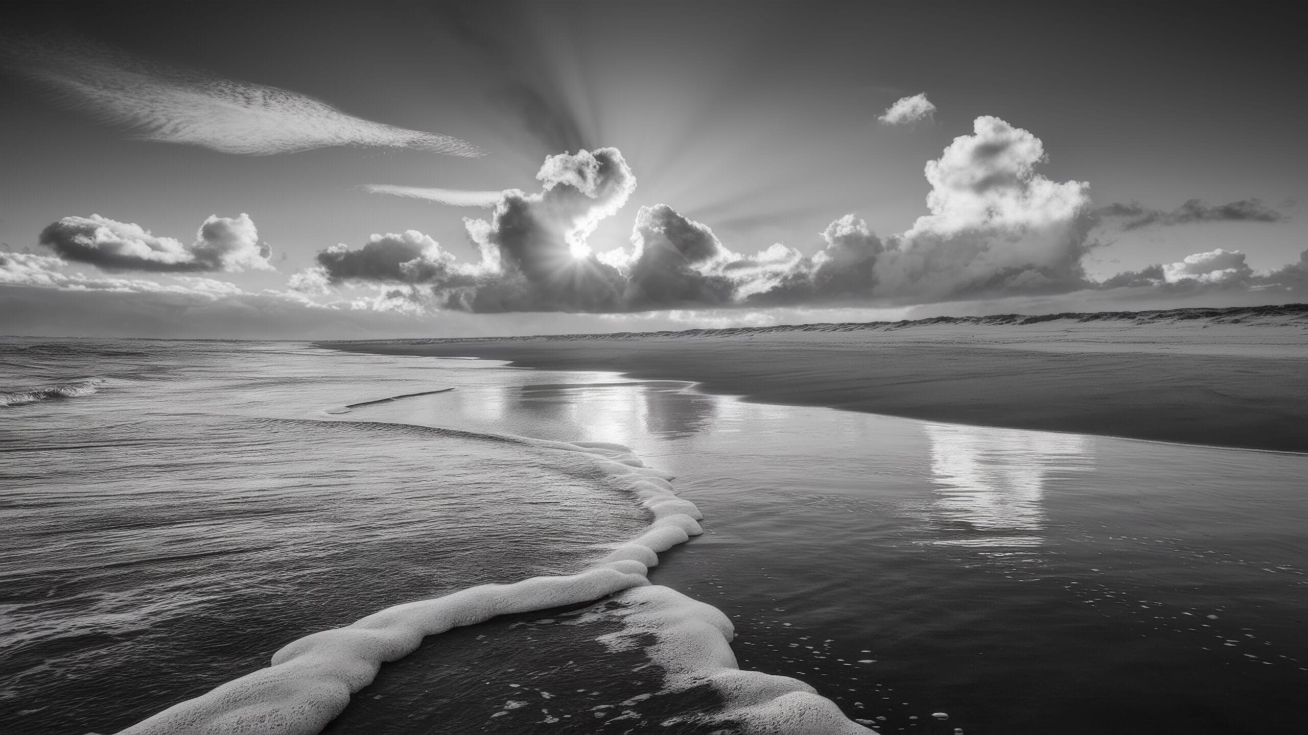 A black and white photo of a beach with waves coming in