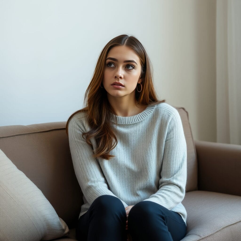 Thoughtful woman engaged in self-reflection. Family problems ? Burnout ? Loneliness ? Personal moment in refined home interior.