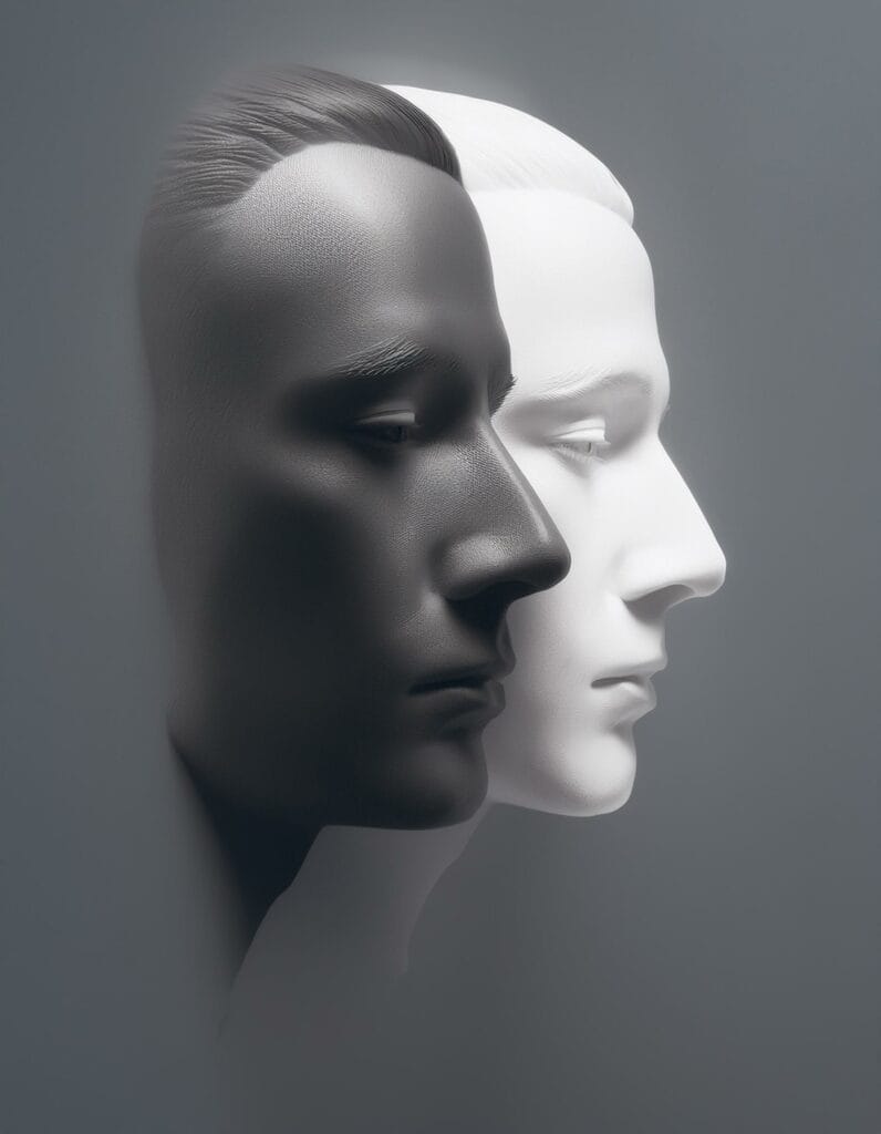 Metaphor bipolar disorder mind mental. Double face. Split personality. Concept mood disorder. Dual personality concept. 2 Head silhouette. Mental health. Imagination.